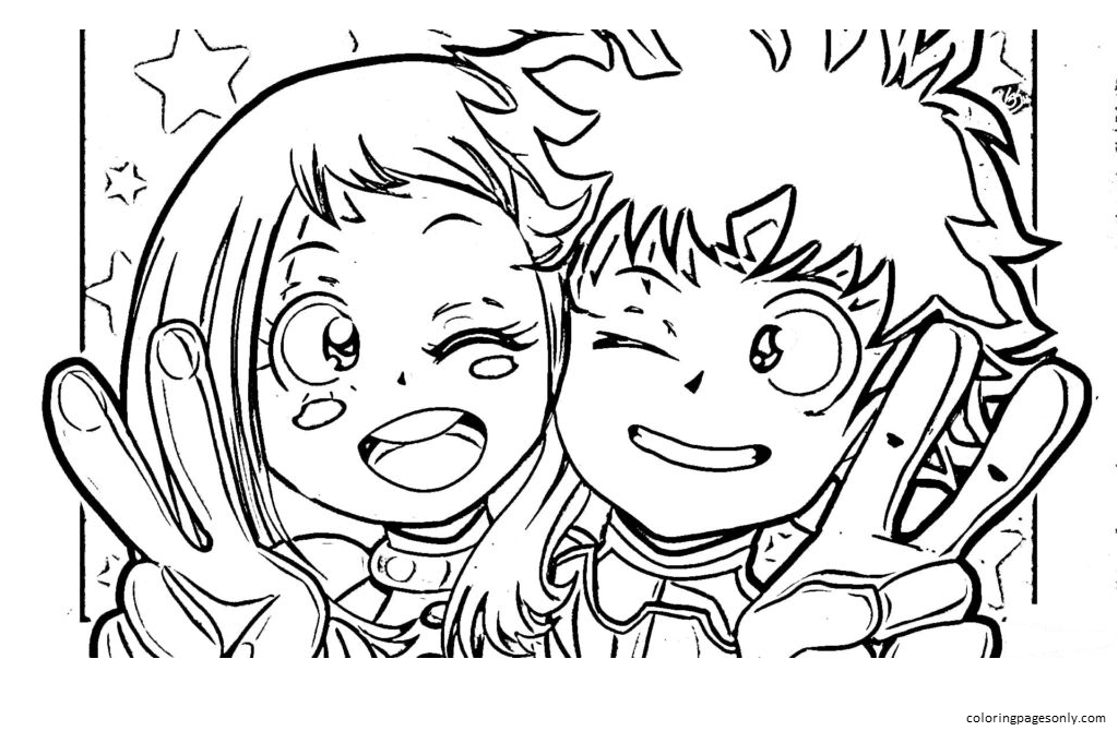 Happy Ochako Uraraka And Izuku Midoriya Coloring Pages My Hero