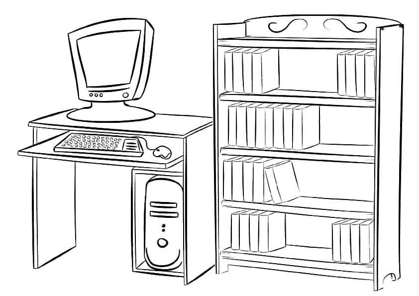 Furnitur rak buku dan meja komputer