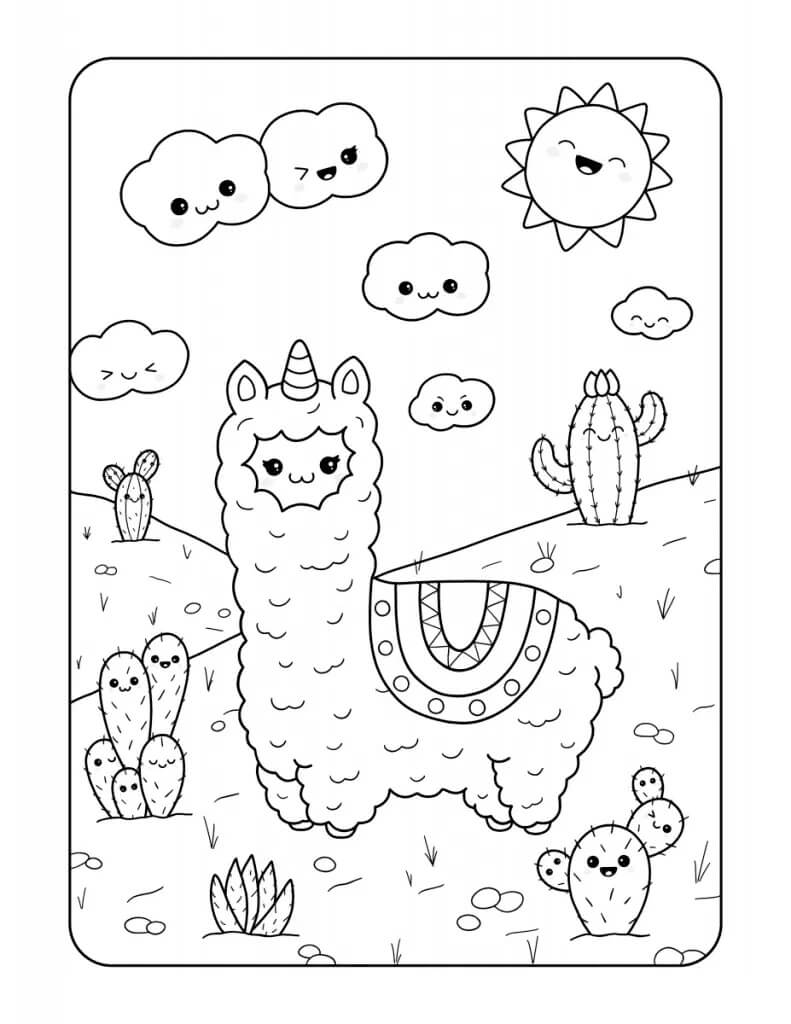 Kawaii Llama dan Kaktus