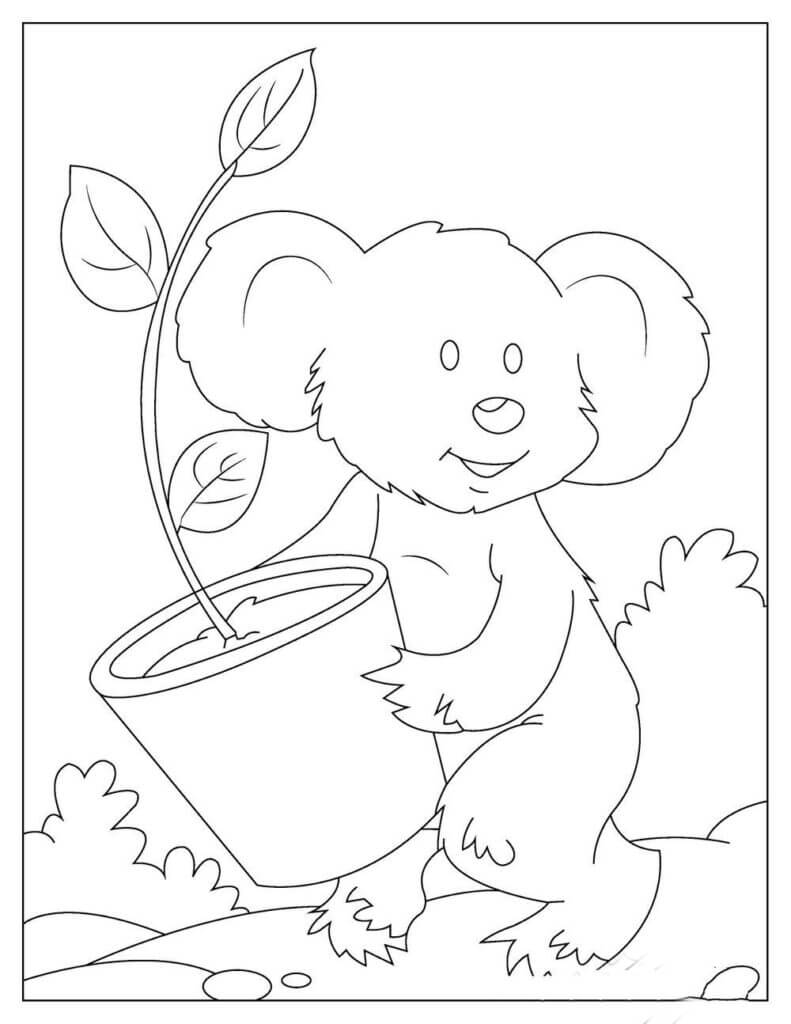 Koala memegang Pot Bunga