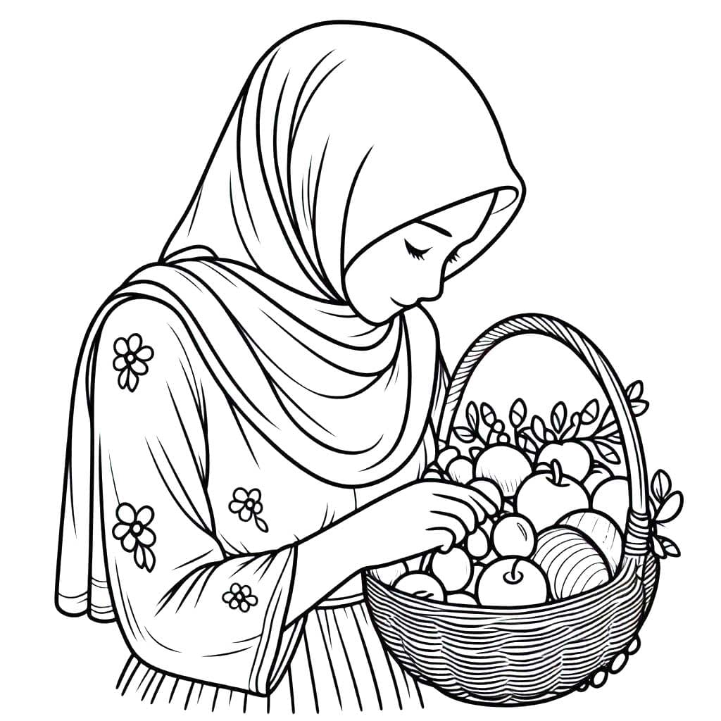 Wanita Berhijab dan keranjang buah