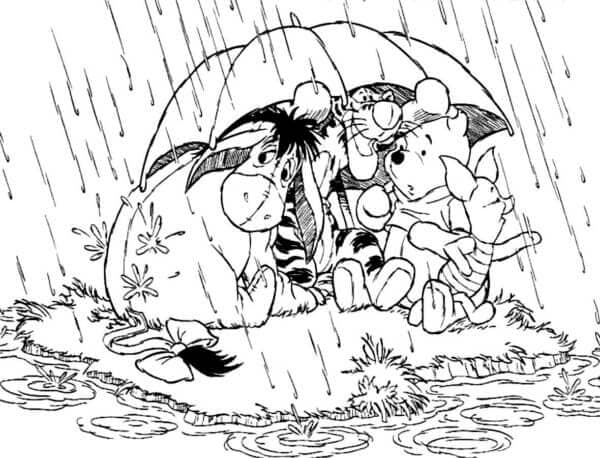 Winnie dan teman-temannya di bawah hujan