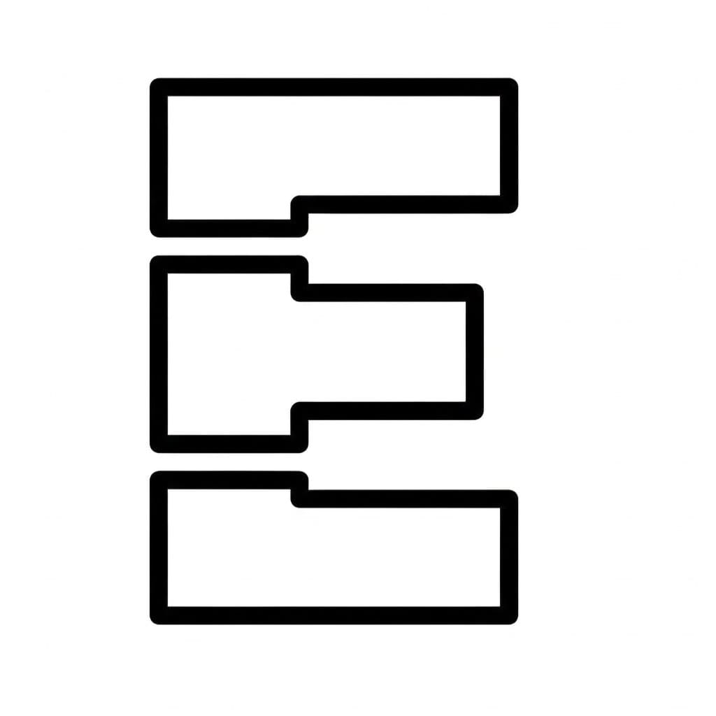 Huruf E dengan tiga panel
