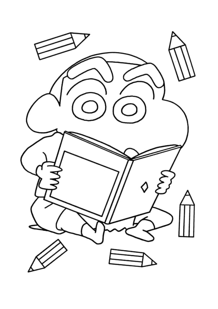 Shin chan sedang membaca buku