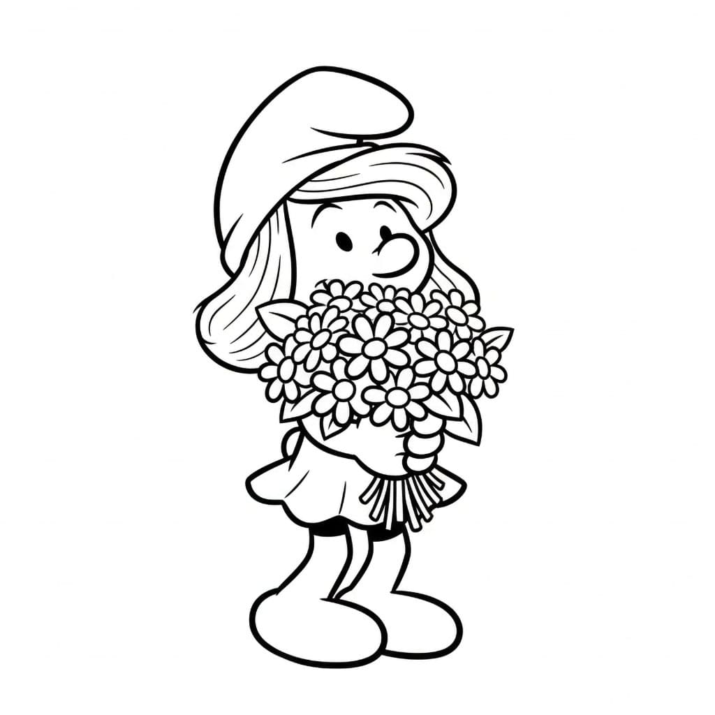 Smurfette memegang buket bunga