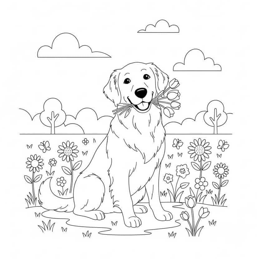 Golden Retriever dengan bunga