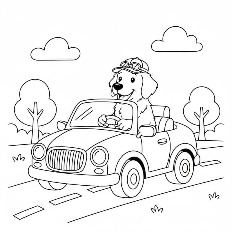 Golden Retriever mengendarai mobil