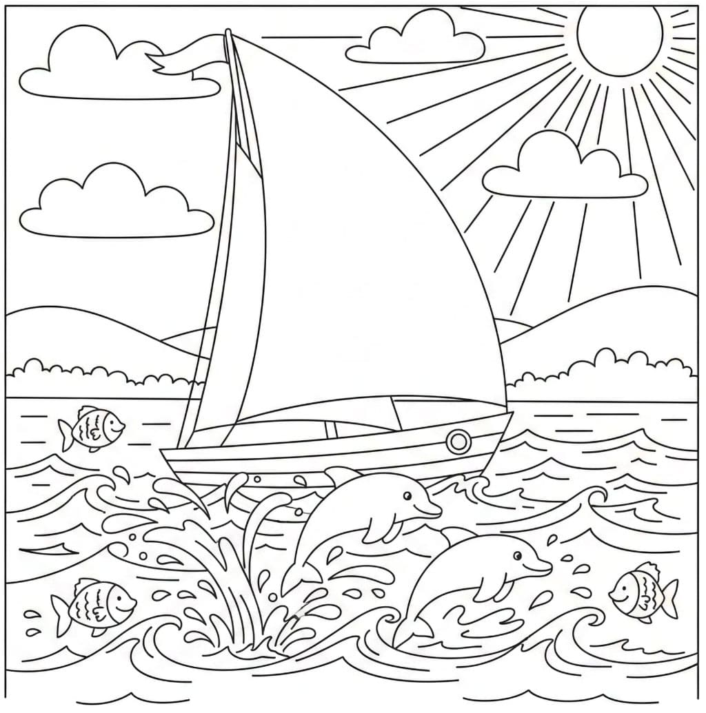 Perahu layar dengan lumba-lumba