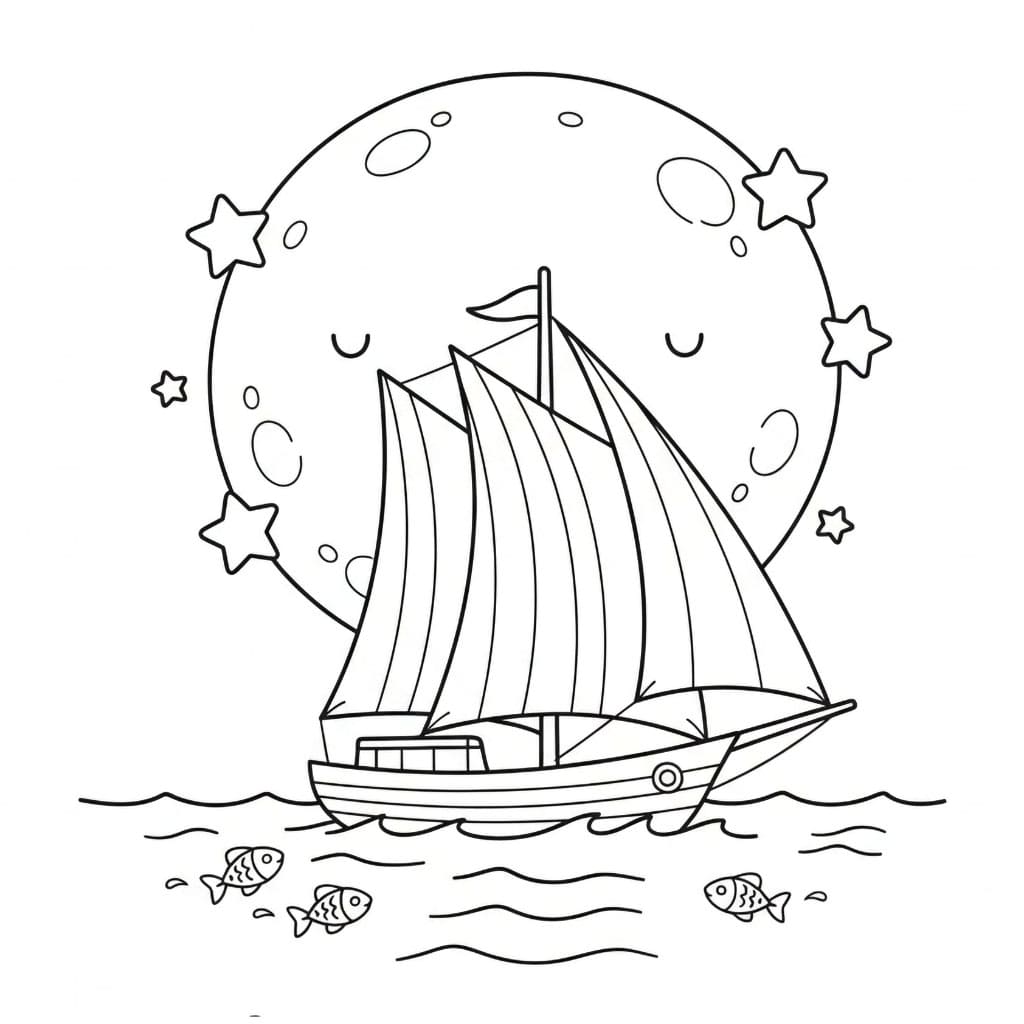 Perahu layar di bawah bulan purnama