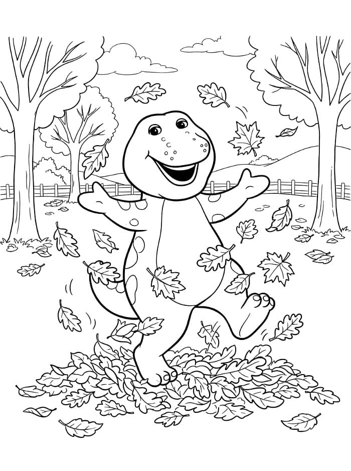 Barney Bermain di Tengah Daun-daun Musim Gugur