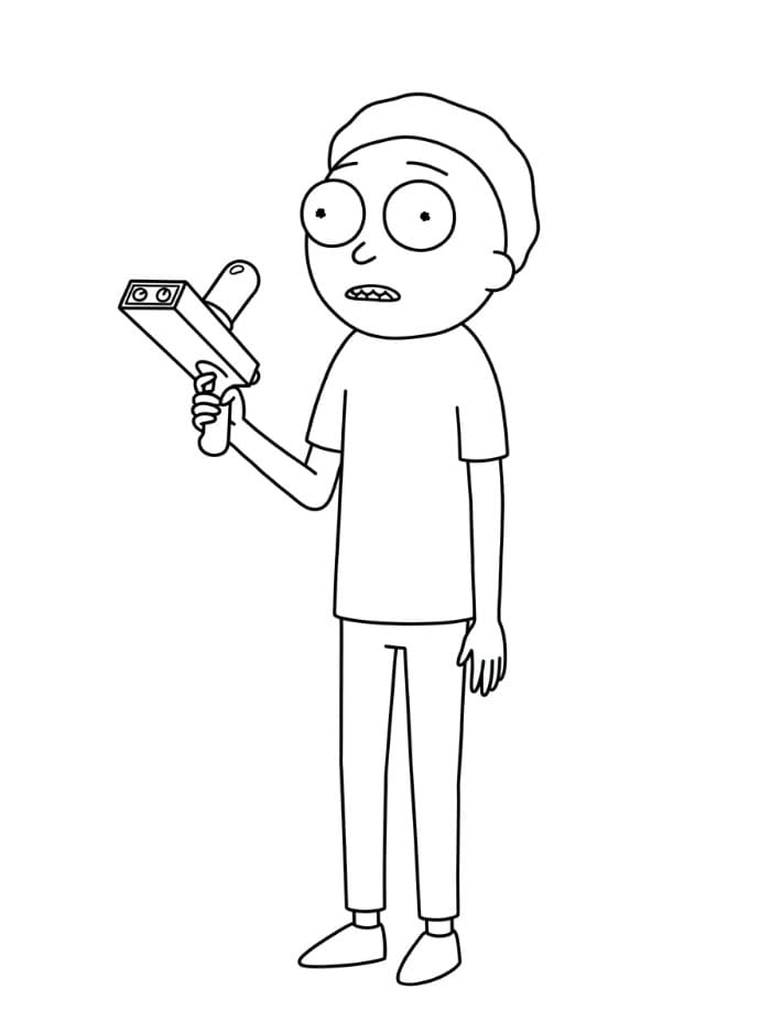 Morty Smith memegang pistol portal