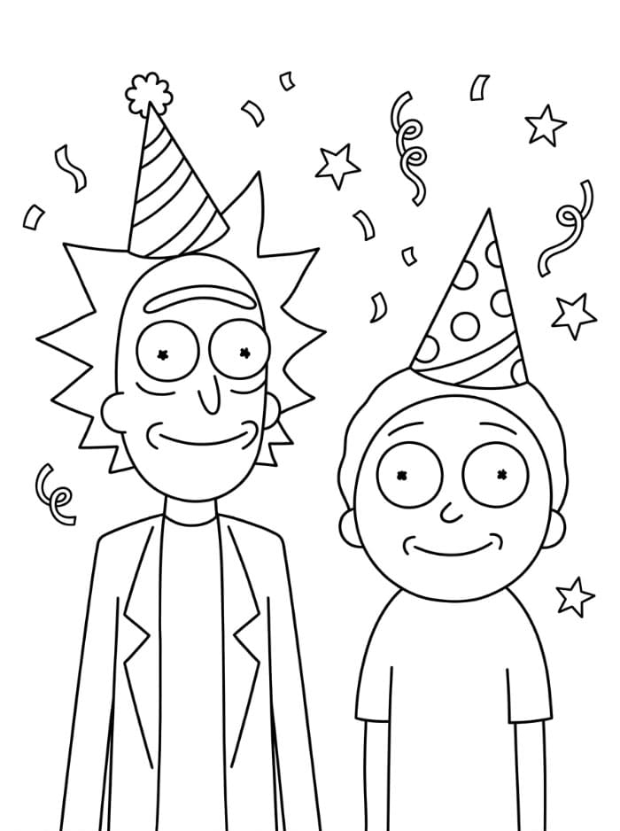 Rick and Morty mengenakan topi ulang tahun